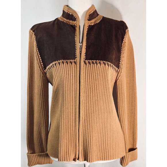 Lisa international Sweaters - Vintage Lisa Suede Knit Zip Up Cardigan Tan Brown Western Boho Y2K Jacket Large